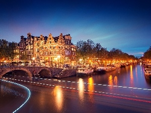 Amsterdam, Boats, Netherlands, Barges, River, bridge, Night, buildings