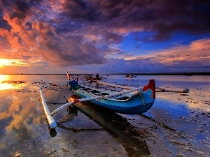 boats, sea, west, clouds, sun