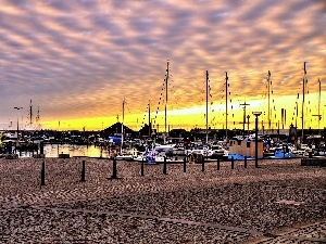 Boats, Harbour, dawn, clouds