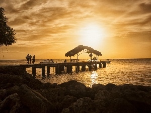 Boats, Tourists, sea, rocks, Platform