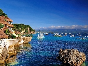 Boats, Mountains, sea, Coast