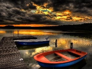 boats, lake, west, sun