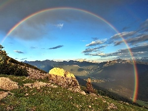 Przebijaj?ce, ligh, sun, luminosity, flash, Mountains, Meadow, Great Rainbows, boulders