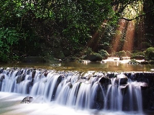 boulders, sunny, waterfall, rays