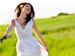 bouquet, Meadow, happy, flowers, girl