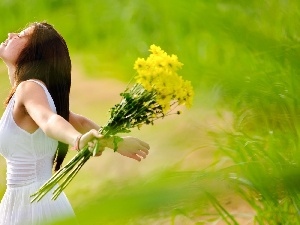 bouquet, Meadow, Romantic, flowers, girl