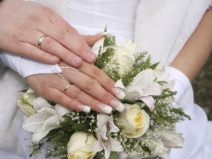 bouquet, rings, Two, hands