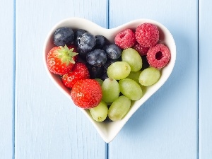 bowl, blueberries, raspberries, strawberries, Heart, Grapes