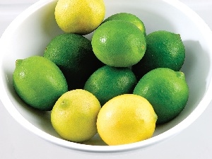 limes, bowl, lemons