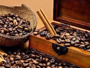 box, wood, grains, cinnamon, coffee