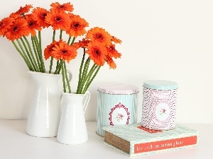 Boxes, Orange, gerberas, White, Book, bottles