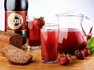 bread, dishes, juice, drink, strawberry
