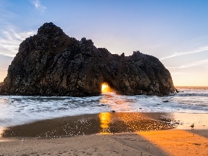 light breaking through sky, Rocks, sea, Beaches