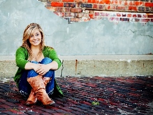 brick, wall, sitting, Shawn Johnson