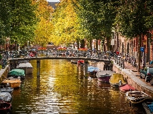 bridge, canal, Boats, Netherlands, autumn, Amsterdam