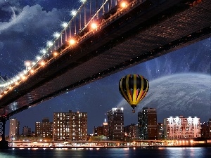 bridge, light, Town, Balloon, Night