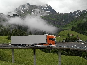 Fog, bridge, Mountains