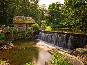 bridge, water, River, forest, Windmill