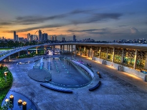 bridge, skyscrapers, clouds, graphics, fountain, Town