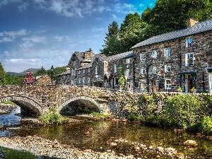 bridge, Houses, wales, brook, Great Britain