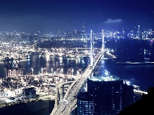 night, bridge, Hong Kong
