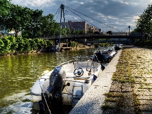 motorboat, bridge, River
