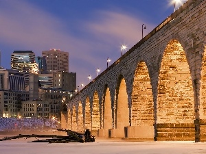 night, bridge, Mississippi, skyscrapers, Minneapolis, clouds, Frozen