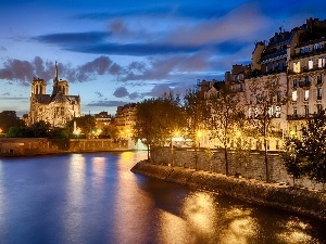 Night, bridge, River, Notre, Houses, Notre, Paris