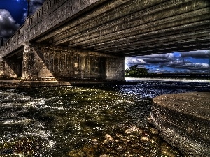 River, bridge, clouds