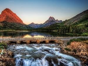 River, bridge, Mountains