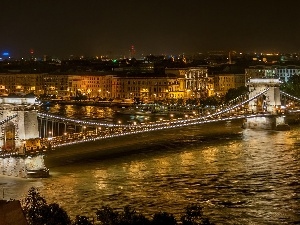 bridge, Town, Night, Hungary, River, Budapest