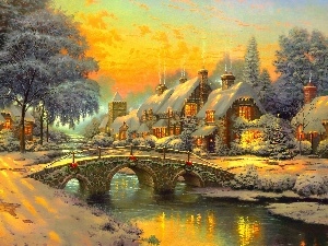 bridge, Houses, winter, River, view