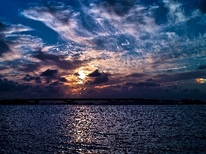 bridge, clouds, west, sea, sun