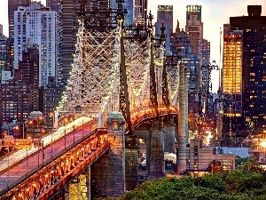 bridge, Floodlit, New York, skyscrapers, USA