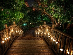 bridges, wooden, Garden, Floodlit