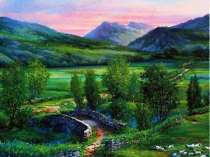 bridges, Way, Meadow, Mountains