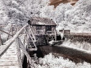 bridges, cascade, Windmill, winter, water