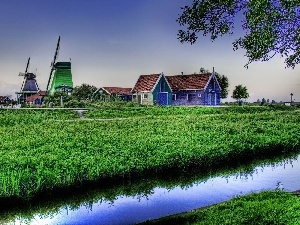 brook, grass, Windmills, Houses