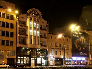 buildings, Pozna?, Street, centre, night