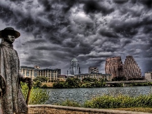 buildings, Statue monument, clouds, lake