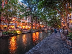 buildings, Town, San Antonio, River