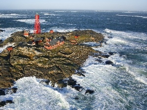 Waves, buildings, maritime, Rocky, Ocean, Island, Lighthouse