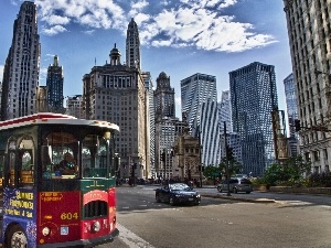 bus, Street, skyscrapers, clouds