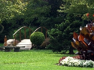 Bush, viewes, Garden, bridges, trees