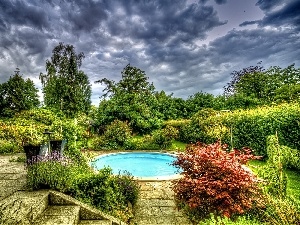 Bush, trees, viewes, Park, Flowers, Pool