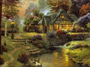 Flowers, brook, picture, Bush, Home, trees, Thomas Kinkade, viewes