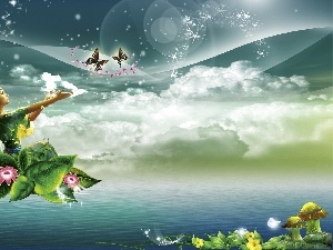 butterflies, Leaf, girl, clouds, elf