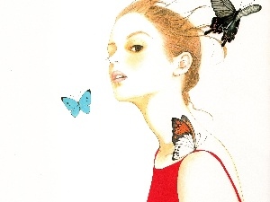 butterflies, Women, redhead, Drawing, young