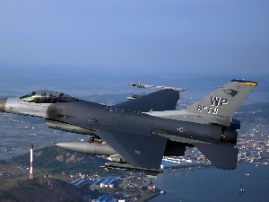 by, flight, Sky, town, F-16