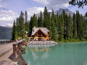 by, Restaurant, wooden, lake, bridge